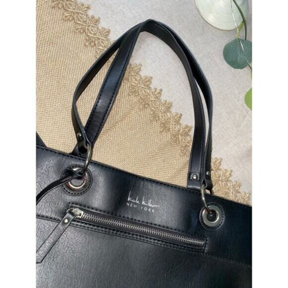 Nicole Miller New York Black W/ Silver Logo Zipper Pockets Top Handles Handbag - Picture 11 of 12